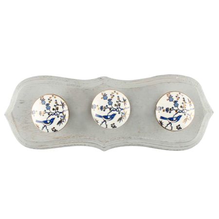 Blue Bird Golden Berry Ceramic Wooden Hook in Grey Painted